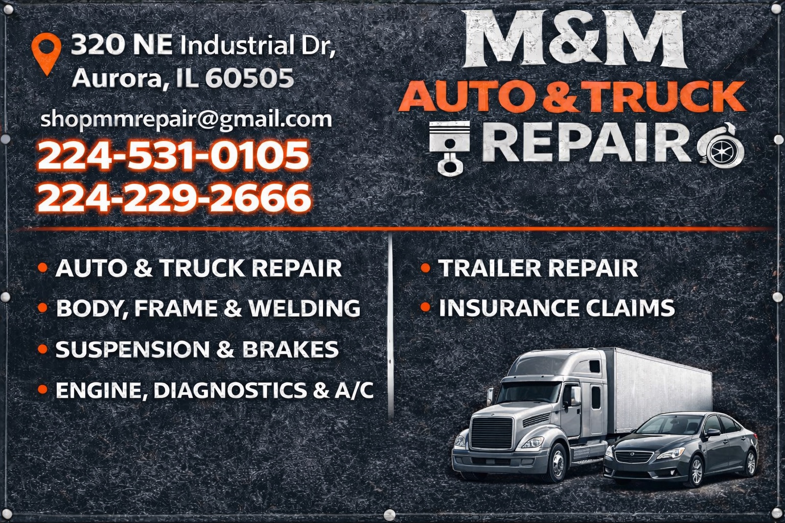 Official M&M Auto & Truck Repair business card with services and contact information